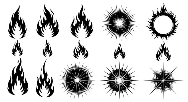 Fire flame icons set with sunburst and spark effects, hand-drawn style for combustion, energy, and Halloween graphic design