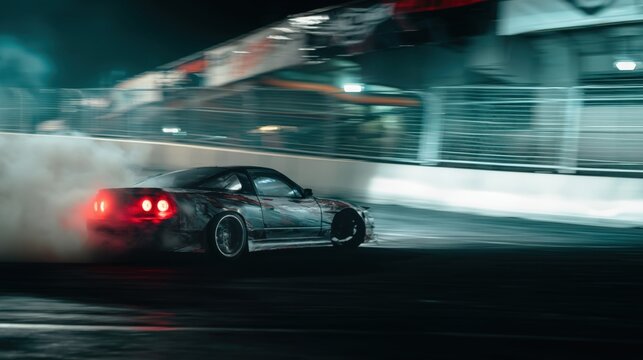Nighttime sports car drifting through racing track corner with glowing taillights and tire smoke under dramatic circuit lights