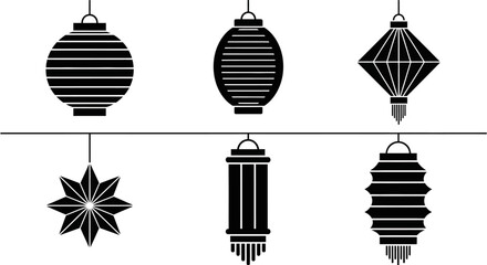 Naklejka premium Collection of Black and White Lantern Icons: Traditional Chinese and Japanese Decorative Lights