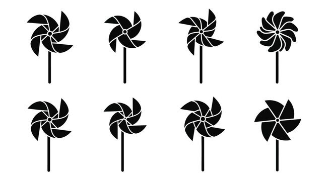 Set of Black Pinwheels on White Background, Various Designs