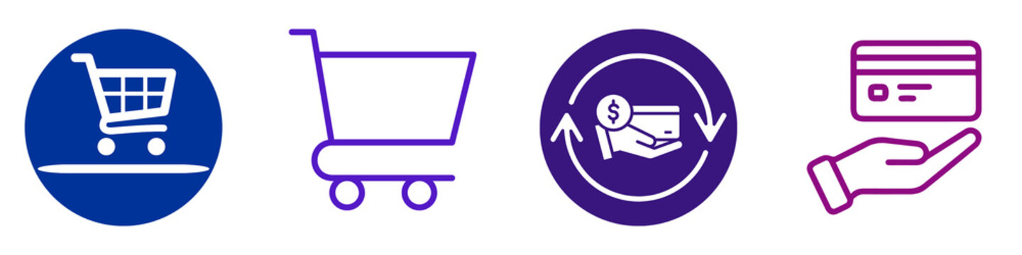Shopping cart icon set with return policy and secure payment, isolated on transparent background.