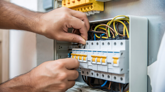A professional female electrical engineer performs maintenance and repair service on a broken electronic control panel and computer equipment inside an industrial power factory cockpit
