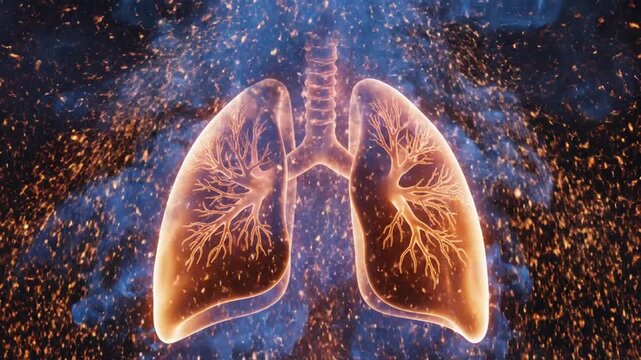 Human lungs on fire with blue smoke and sparks