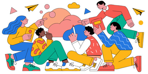Team collaborative project planning and creative brainstorming session vector art with teamwork collaboration planning brainstorming creativity business discussion strategy innovation © Mamun