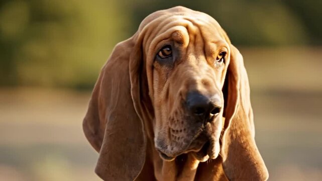 Close-up portrait of a brown bloodhound dog outdoors, with long droopy ears and expressive eyes, standing calmly against a softly blurred natural background in warm daylight.