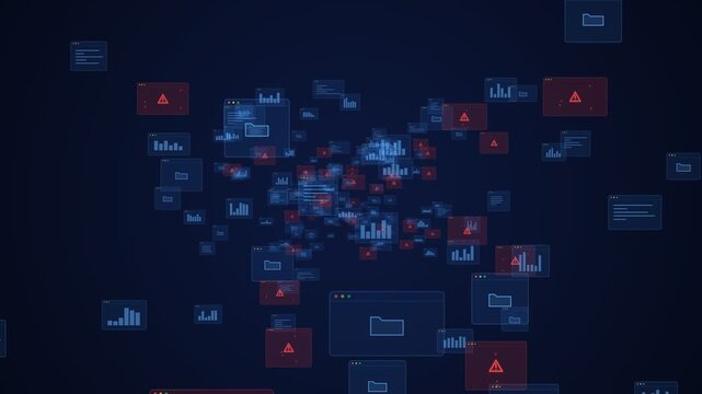 Floating browser windows and red hazard notifications drift through a digital void to symbolize a critical malware infection within a global server network.