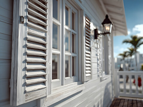 Hurricane shutters on Florida house windows. Home protection before natural disaster