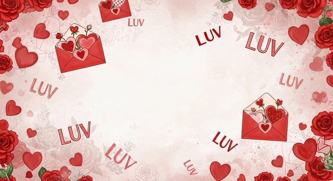 Bright red envelopes featuring heart shapes are surrounded by floating luv text and vibrant rose flowers for a romantic celebration