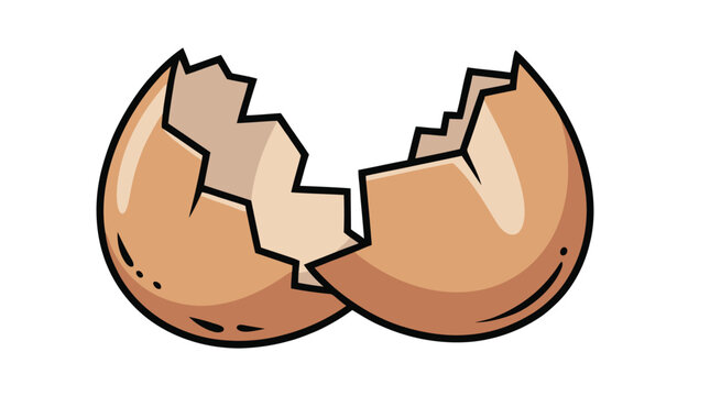 Cartoon illustration of a brown eggshell broken into two halves, simple food, cooking ingredient concept