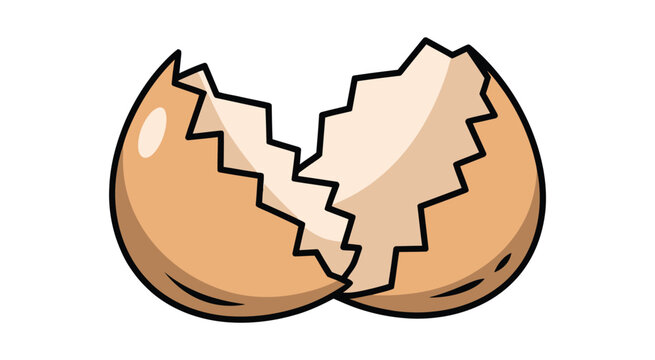 Cartoon illustration of a brown eggshell broken into two halves, simple food, cooking ingredient concept