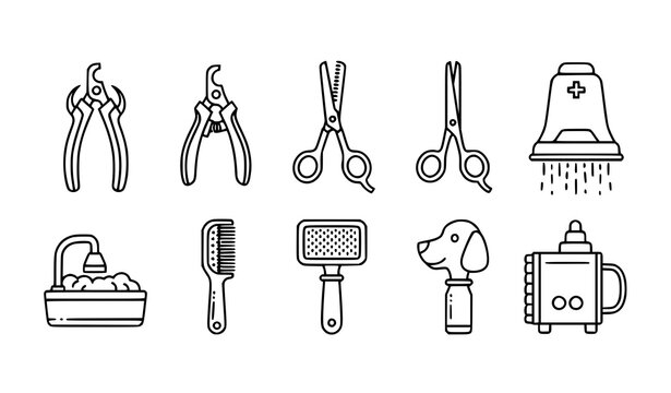 Animal grooming tools icons set vector thin line pet care equipment hairbrush clippers washing drying pictograms isolated white background