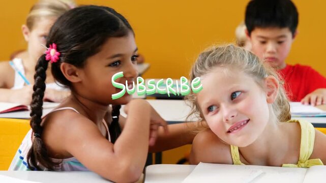 Classroom two girls whispering, sharing secret while subscribe graphic appearing over faces