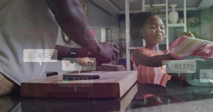 Man offering spoon while girl packing food in striped bag, bubbles rising, ending with fist bump