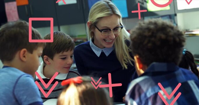 Teacher pointing at paper, drawing kids closer while pink shapes floating over classroom to learn