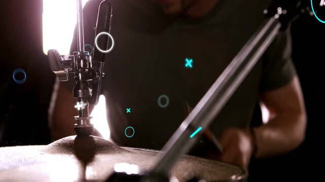 Drummer striking cymbal on music kit, mic passing, white teal icons syncing with beats for creators
