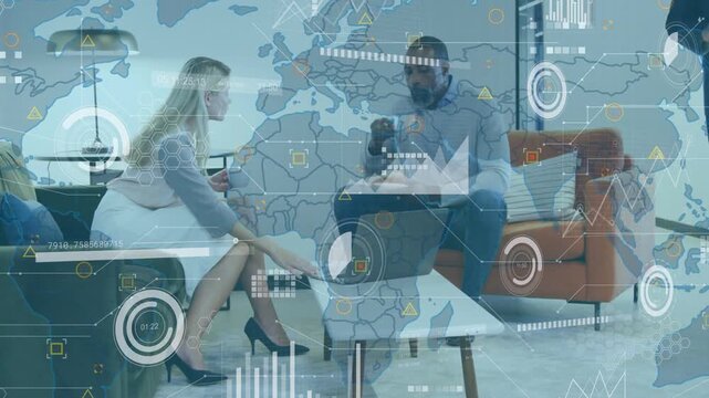 Man leaning forward using laptop and sparking talk, pair gesturing and shaking hands sealing deal