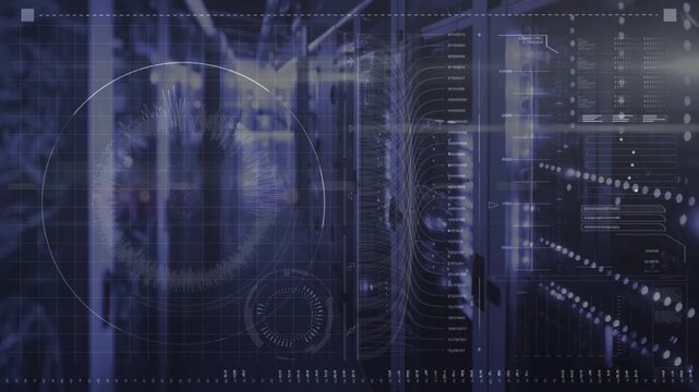 HUD overlay initiating scan centering datacenter racks growing pulsing showing radial dial and bars