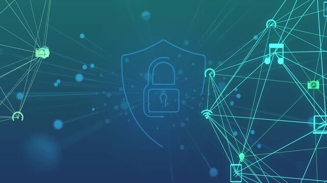 Particle streams from edges converging, tracing padlock shield as right network pulsing, securing