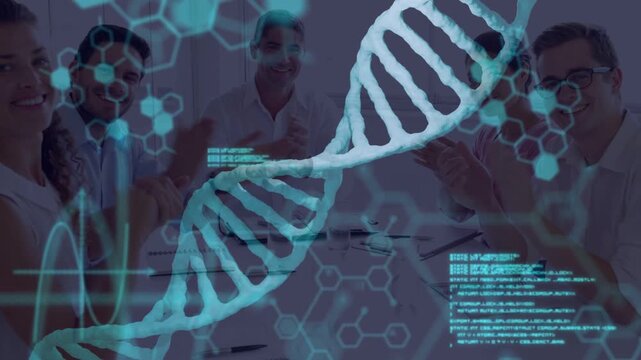 Team of 5 clapping, applause starting teal DNA helix with code scrolling over group for biotech