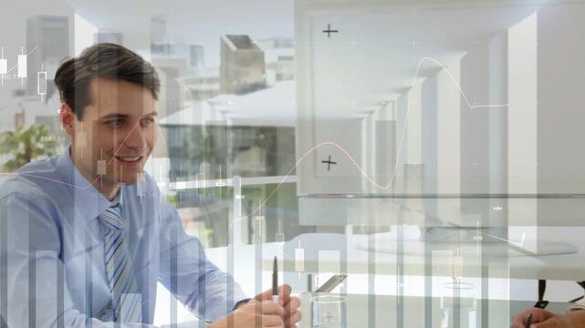 Male in blue shirt gesturing pen starting finance talk as camera shifting right charts over table