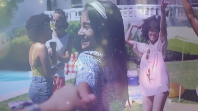 Woman taking operator hand and leading camera into pool party, revealing picnic table for marketing