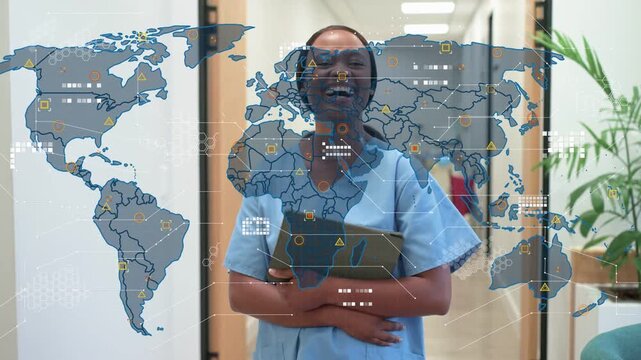 Nurse holding tablet in medical hallway while world map expanding and layering global health data