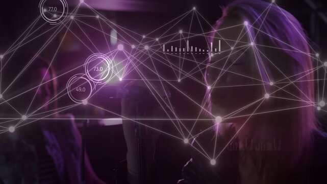 Vertical video: Singer singing into mic, causing music data overlay with nodes and bars for mix