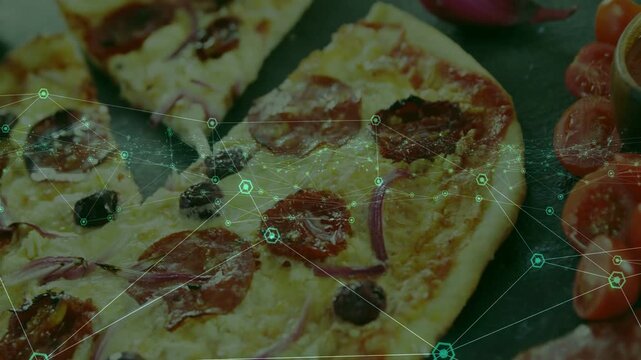 Zooming pizza revealing pepperoni slices separating, network highlighting cheese pull for marketing