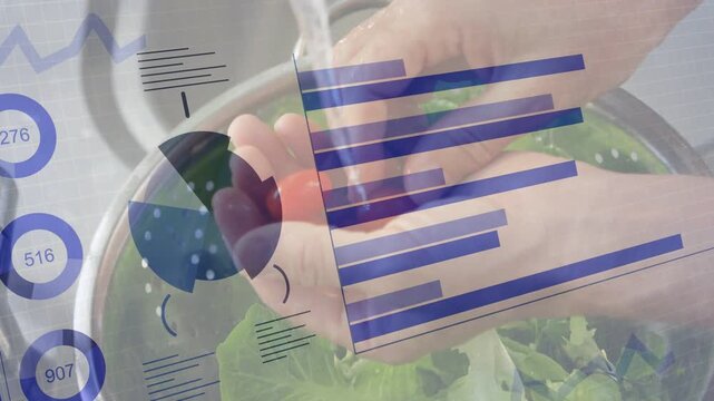 Hands washing and placing tomatoes under running tap, data charts updating over colander for salad