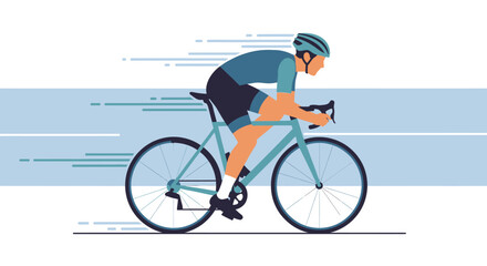 Obraz premium Energetic male cyclist riding a racing bicycle with speed lines on a blue background, depicting sport and active lifestyle.