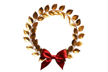 Obraz premium Golden laurel wreath forming a circle with a red satin bow, representing achievement and honor. Transparent background
