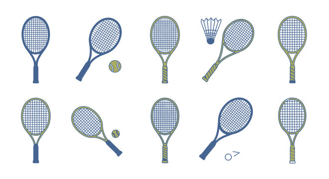 Various tennis rackets, a tennis ball, and a badminton shuttlecock, representing racket sports equipment, isolated white background.