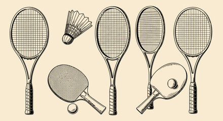 Vintage Style Collection of Badminton and Tennis Rackets with Shuttlecock on Light Beige Background © IMRONI