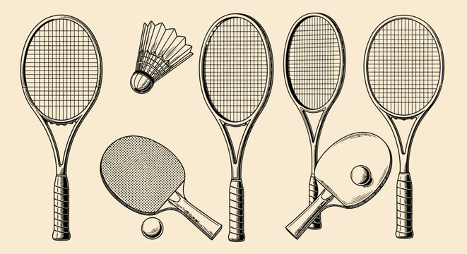 Vintage Style Collection of Badminton and Tennis Rackets with Shuttlecock on Light Beige Background