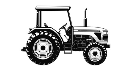 Obraz premium Classic agricultural tractor black and white isolated on a white background, Powerful farm machinery for rural work, Vintage style vehicle for plowing and cultivation.