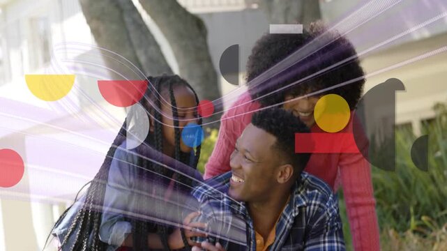 Mother father daughter approaching blanket hugging for health while geometric shapes sweeping over