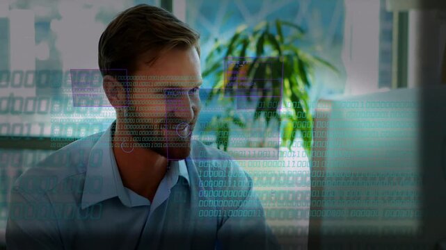 Male office worker reading monitor after notification popping up, studying animated finance charts