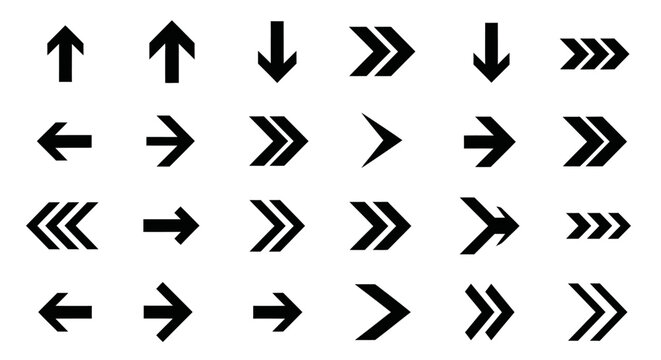 Set of black arrow icons showing multiple directions, isolated white background.