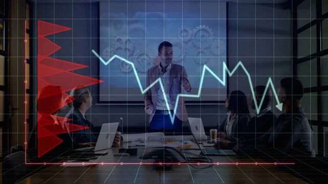Business presenter gesturing and initiating graph with red markers appearing, highlighting decline