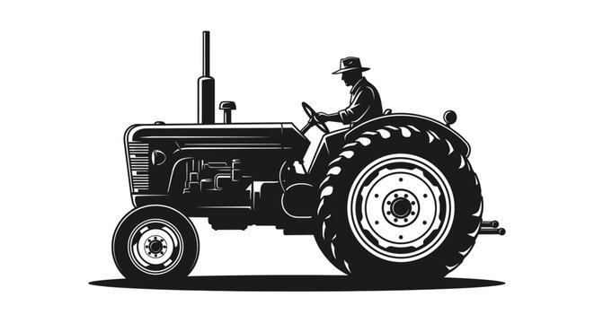 Classic black and white illustration of a farmer operating a vintage agricultural tractor.