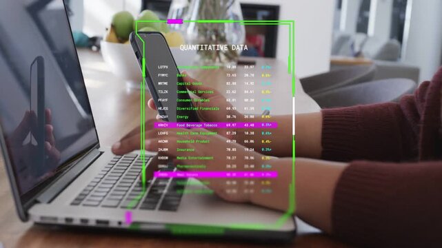 Woman typing at desk, lifting phone, tapping, HUD flickering over keys, highlighting data for work