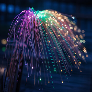 Illuminated Fiber Optic: A mesmerizing display of colorful fiber optics, casting a vibrant glow in a darkened setting.
