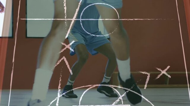 Blue ball-handler starting dribble on basketball court, pivoting while chalk overlay guiding play