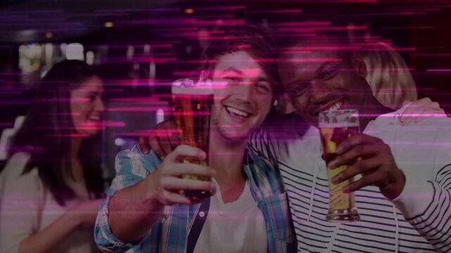 Camera pulling back two men laughing, celebrating with beers at bar, pink streak sliding over faces