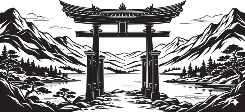 &ldquo;Traditional Japanese torii gate with serene lake mountains pine trees and ink style illustration showing harmony and tranquility&rdquo;