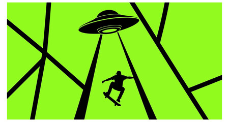 A silhouetted skateboarder appears to be abducted by a flying saucer © Hridoy