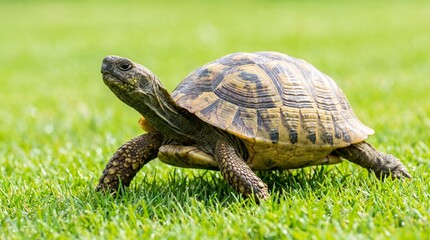 Fototapeta premium Turtle crawling on green grass in a sunny outdoor setting 
