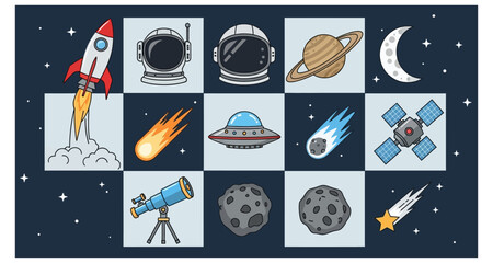 Colorful cartoon illustrations of rockets planets and space exploration elements arranged in a grid © Hridoy