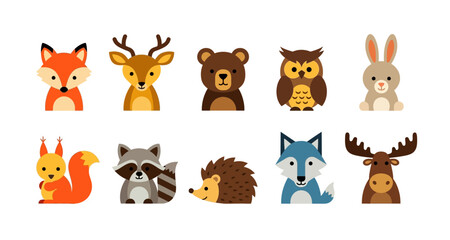 Naklejka premium Colorful cartoon illustrations of various forest animals arranged in two rows