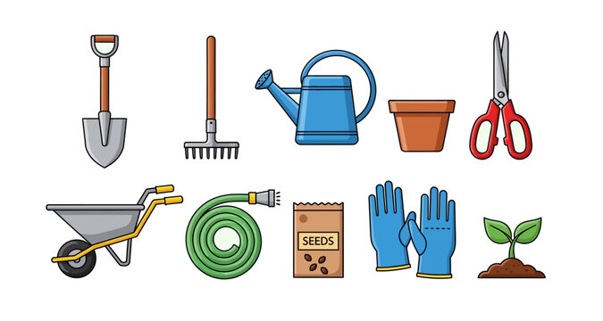 Colorful illustration depicting various gardening tools and supplies